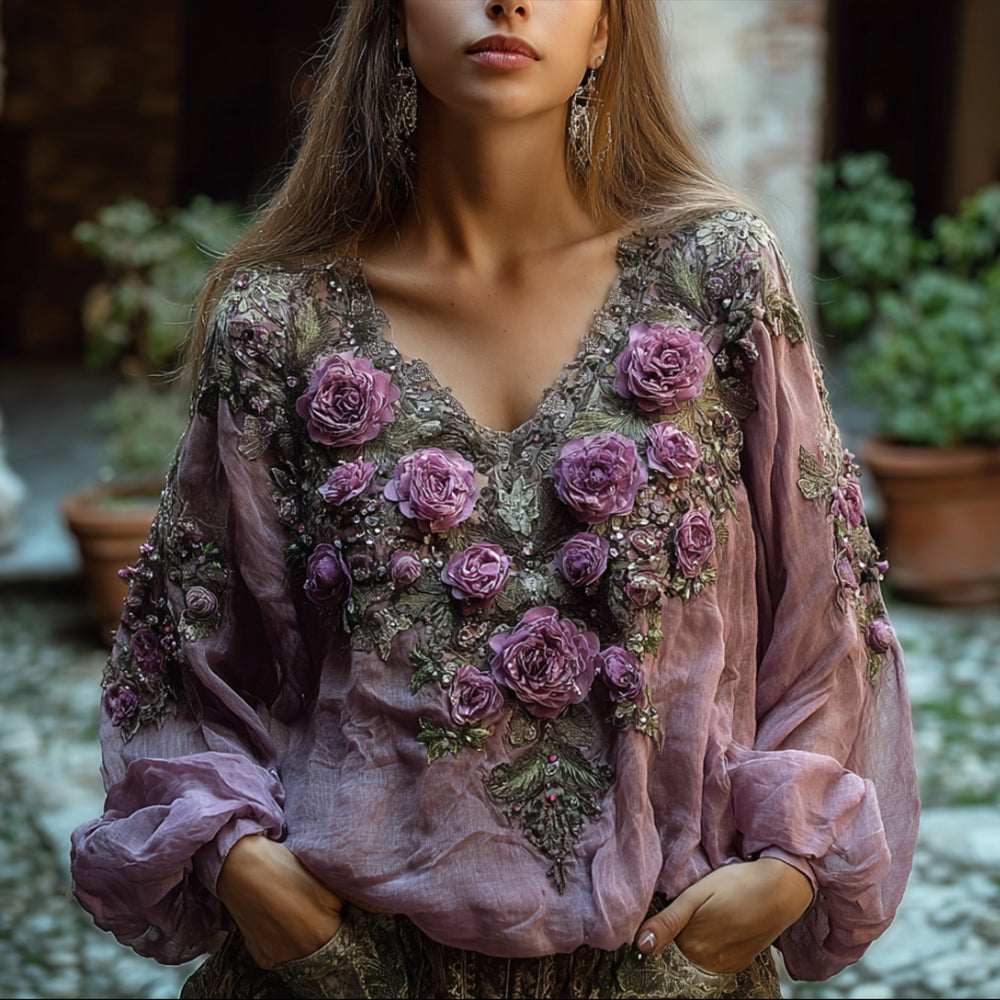 Bohemian Style Embroidered Plant Flower V-neck Long-sleeved Casual Vintage Top elevenforest