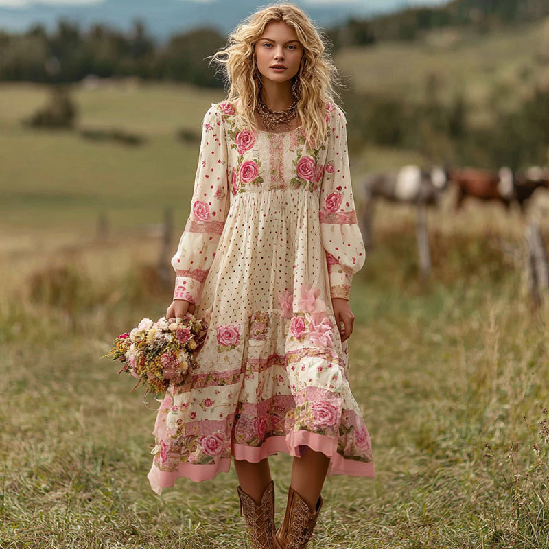 Women's Vintage Pink Rose And Polka Dot Casual Linen Dress elevenforest