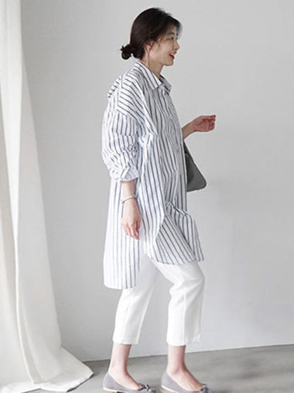 Urban Loose Color Striped Lapel Blouse Top