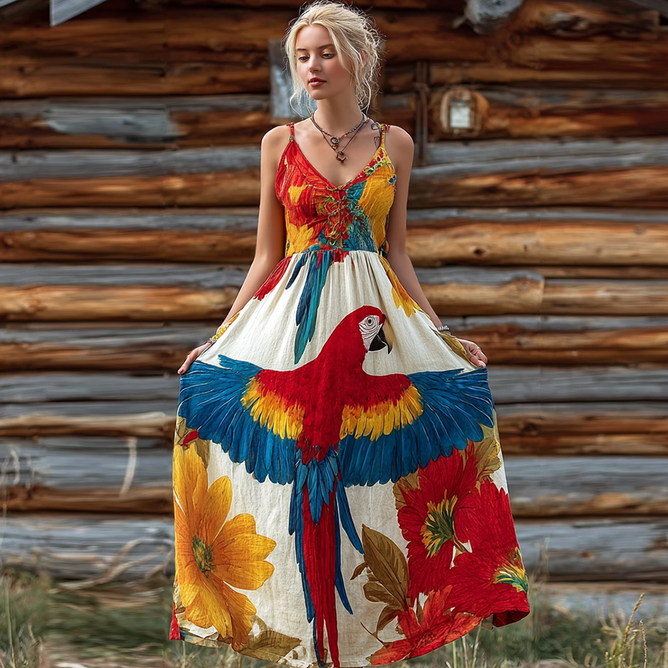 Bohemian Style Flower And Bird Pattern Retro Print Women's Dress elevenforest