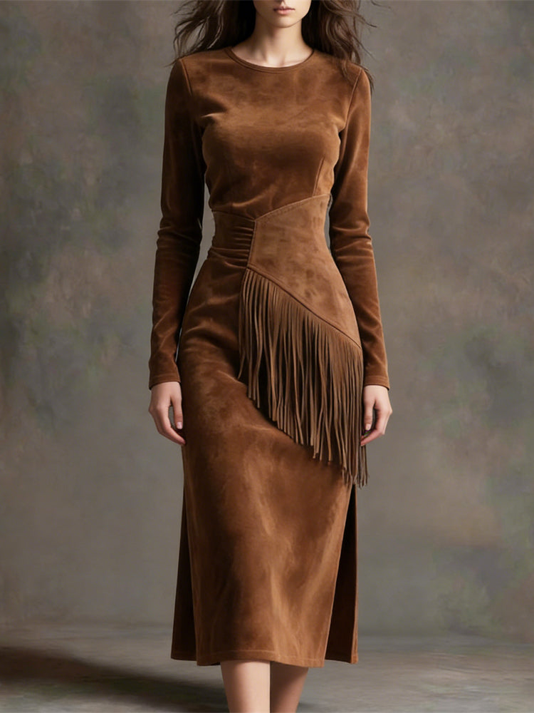 Comstylish Women's Vintage Fringe Suede Dress