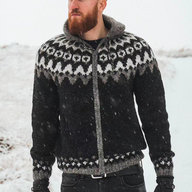 Retro Graphics Iceland Jacquard Zipper Up Hooded Sweater elevenforest