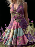 Vintage Purple Roses Embroidered Patchwork Linen Dress elevenforest
