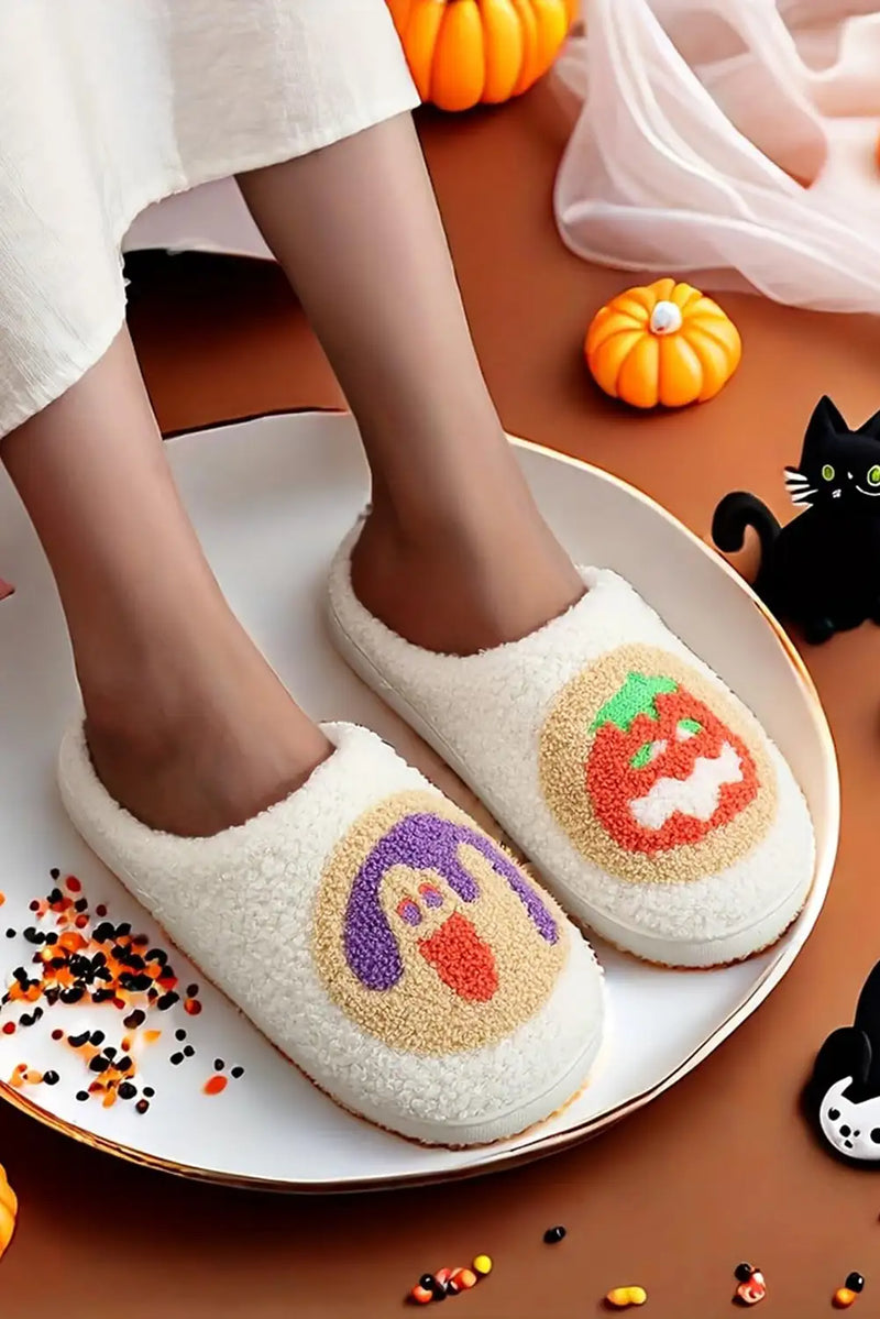 Cozy White Halloween Pumpkin Plush Slippers