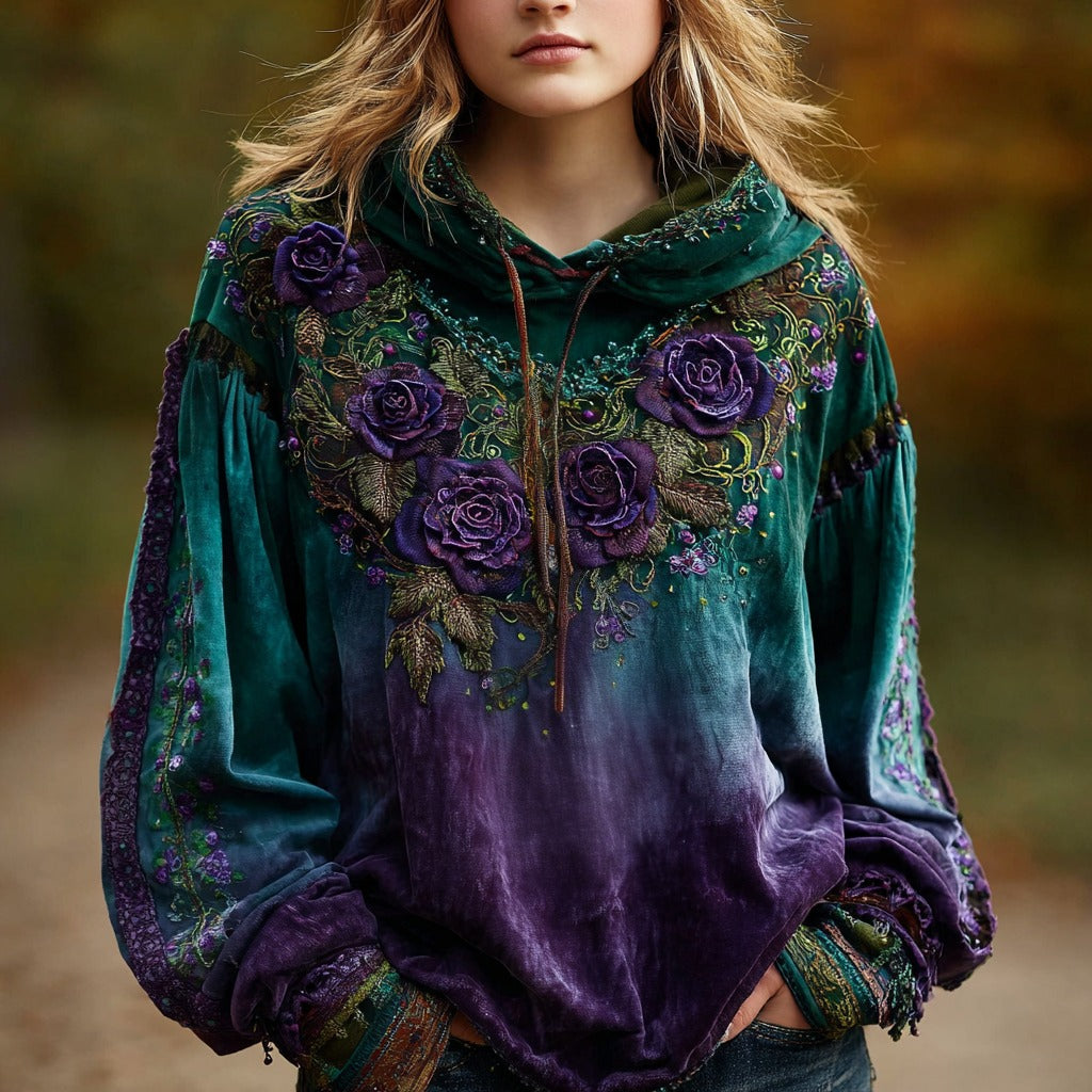 Women's Vintage Rose Floral Embroidery Pattern Comfortable Warm Hoodie elevenforest