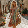 The Ice Cream Collection Women's Classic Bohemian Floral And Rose Gradient Art Linen V Neck Midi Dress elevenforest