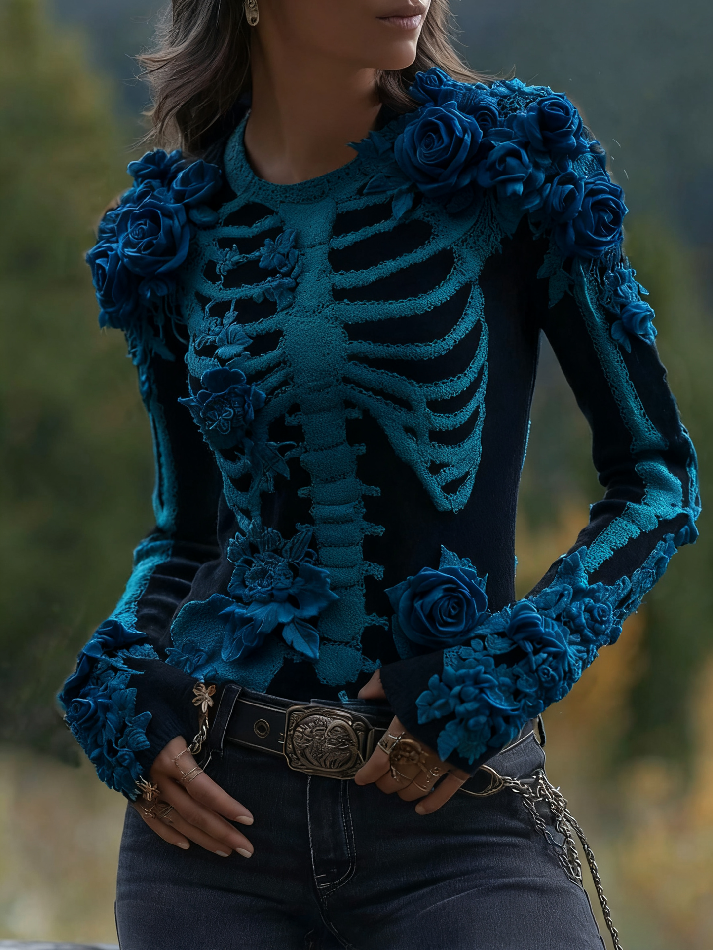 Women's Halloween Skeleton Bones With Roses Art Knitted Warm Sweater artswardrobe