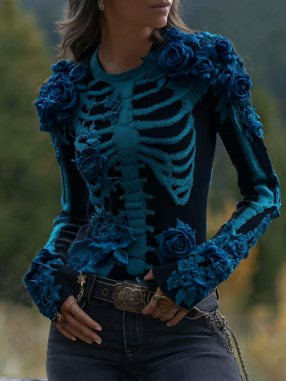 Women's Halloween Skeleton Bones With Roses Art Knitted Warm Sweater artswardrobe