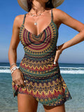 V-Neck Vintage Mandala Pattern Print Suspender Skirt Tankini Pantskirt Set Swimsuit