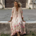 Vintage Pink Floral Vines Fiber Art Embroidered Linen Maxi Dress elevenforest
