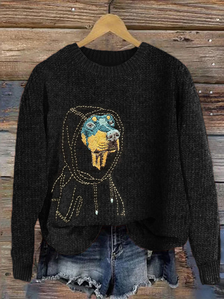 Comstylish Dog In Raincoat Embroidered Cozy Knit Sweater