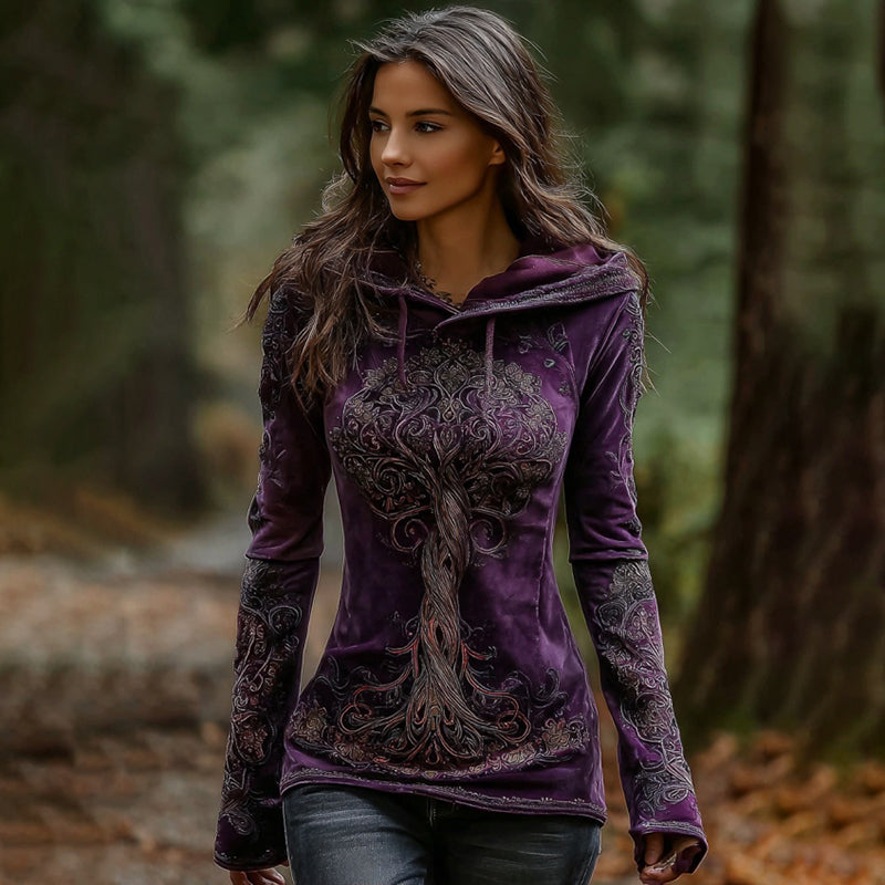 Women's Vintage Viking Tree Of Life Pattern Plush Cozy Hoodie elevenforest