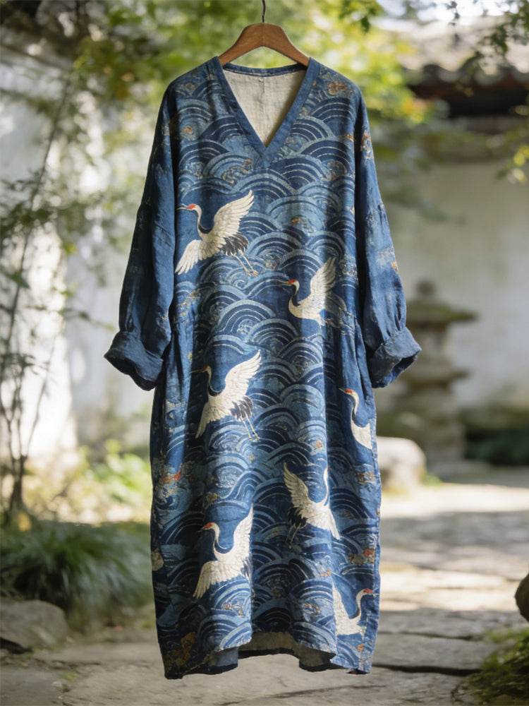 Comstylish Vintage Japanese Ocean Crane Pattern Women's Linen V-neck Maxi Dress