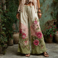 Floral Embroidered Art Print Linen Blend Pants elevenforest