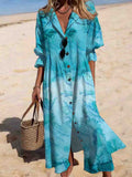 Women Shirt Collar Ocean Life Print Resort Maxi Dress