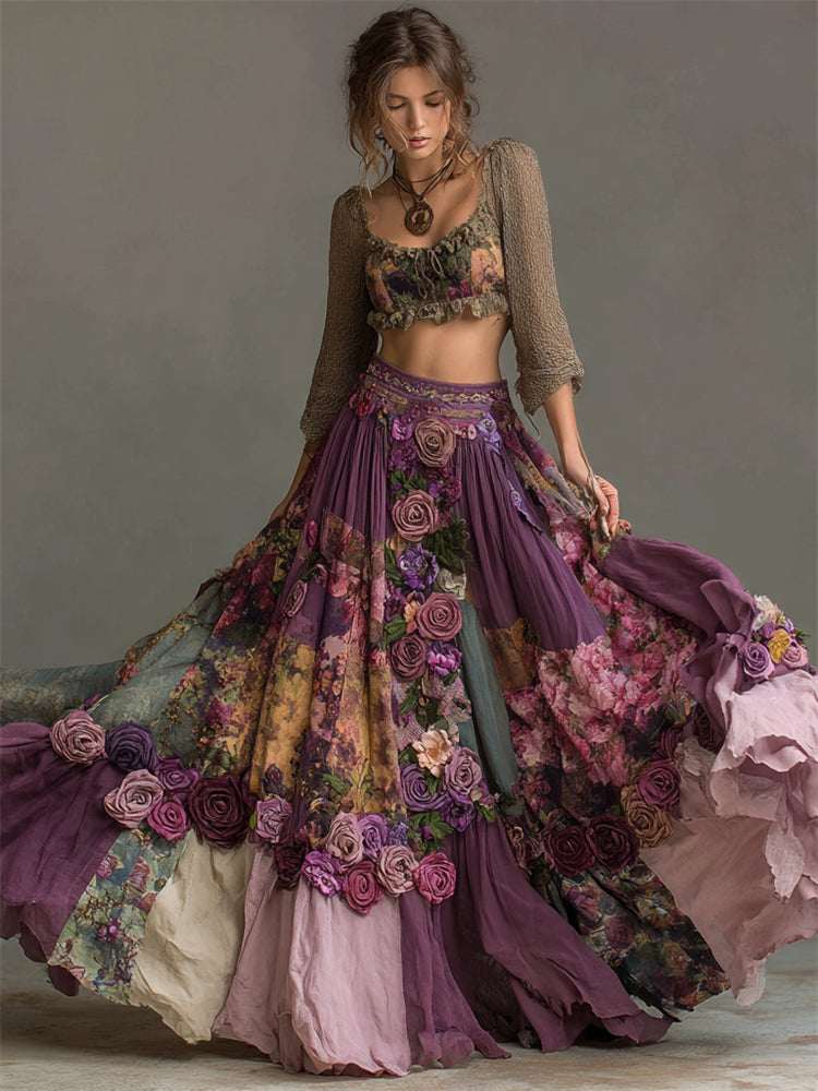Vintage Purple Roses Embroidered Floral Patchwork Flowy Wide Skirt elevenforest
