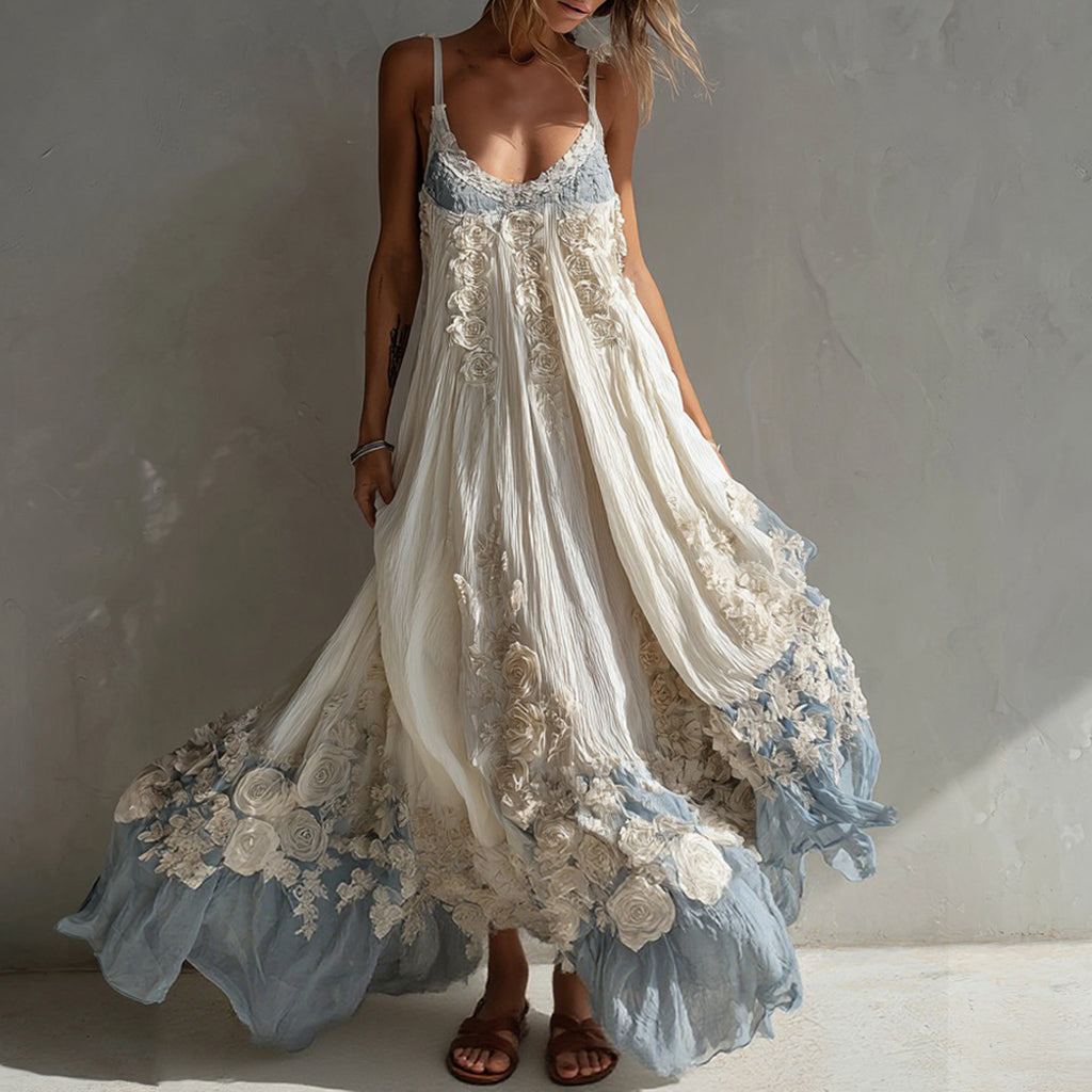 Women's White Rose Embroidered Gradient Casual Sleeveless Dress elevenforest