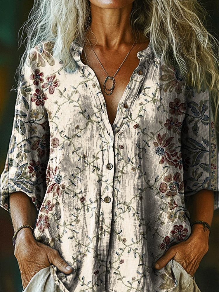 Women's Vintage Floral Art Print Casual Cotton Linen Shirt