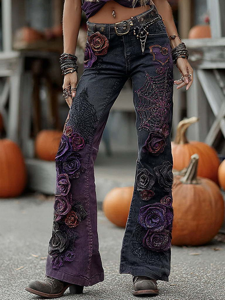 Vintage Halloween Black And Purple Rose Gothic Art Jeans elevenforest