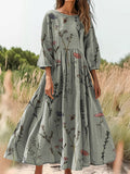 Women's Wildflower Art Print Crew Neck Pocket Cotton Dress