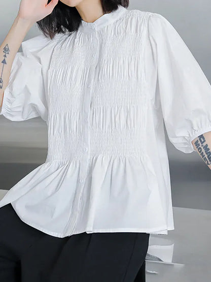 Loose Puff Sleeves Pleated Color Round-neck Blouses&shirts Tops