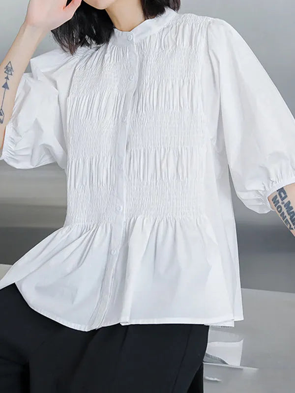 Loose Puff Sleeves Pleated Color Round-neck Blouses&shirts Tops