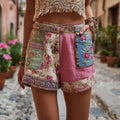 Women's Patchwork Rose Floral Contrast Waist Drawstring Pocket Shorts elevenforest
