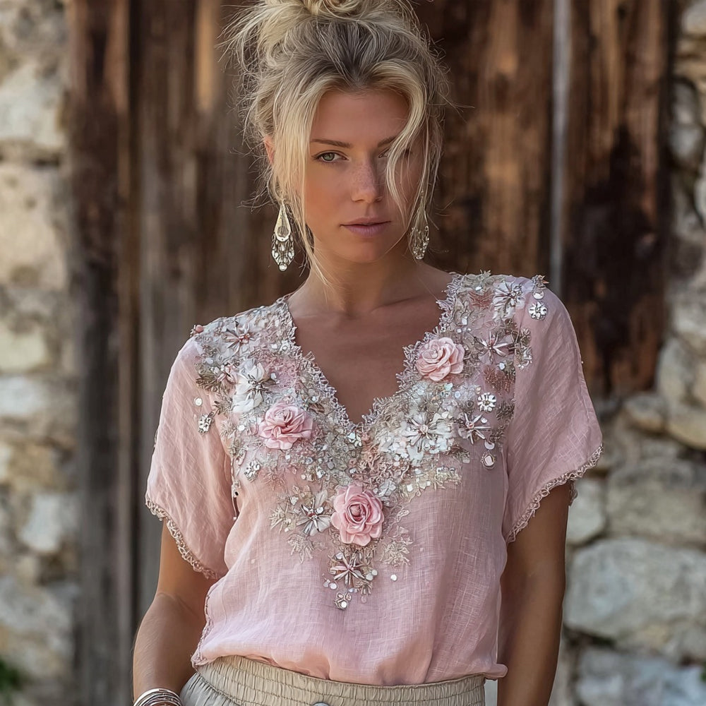 Vintage Pink Boho Floral Embroidered V Neck Linen T Shirt elevenforest