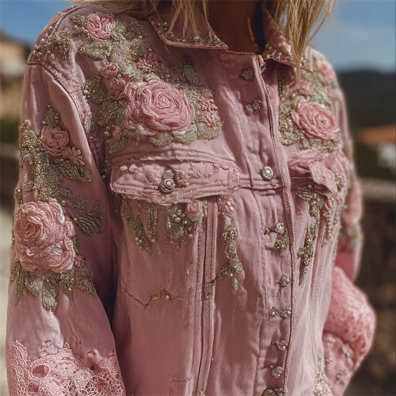 Vintage Pink Roses Glitter Embroidered Denim Jacket elevenforest