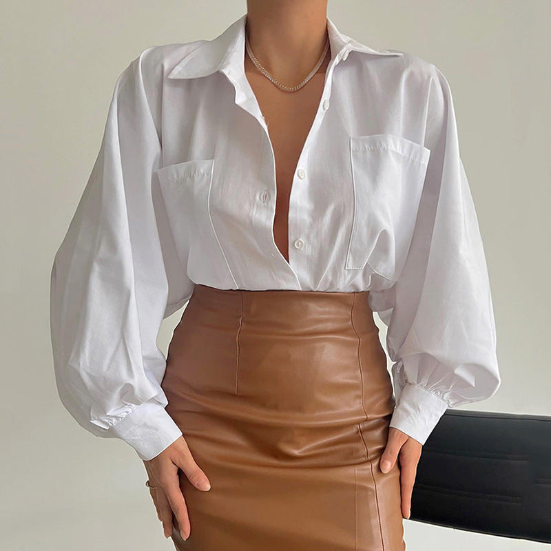 Spring Office Collared Shirt Pocket Batwing Sleeve Cardigan Long Sleeve Top