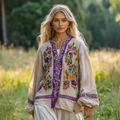 Vintage Bohemian Floral Embroidered Linen V-neck Shirt elevenforest