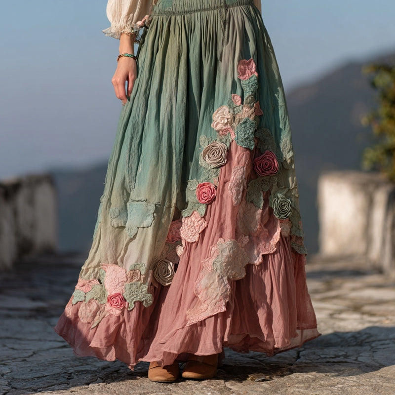 Vintage Boho Roses Embroidered Gradient Flowy Linen Skirt elevenforest
