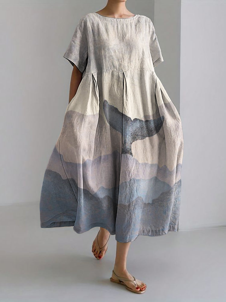 Whale Tail Sea Waves Colorblock Linen Blend Maxi Dress elevenforest