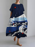 Japanese Art Print Linen Maxi Dress elevenforest