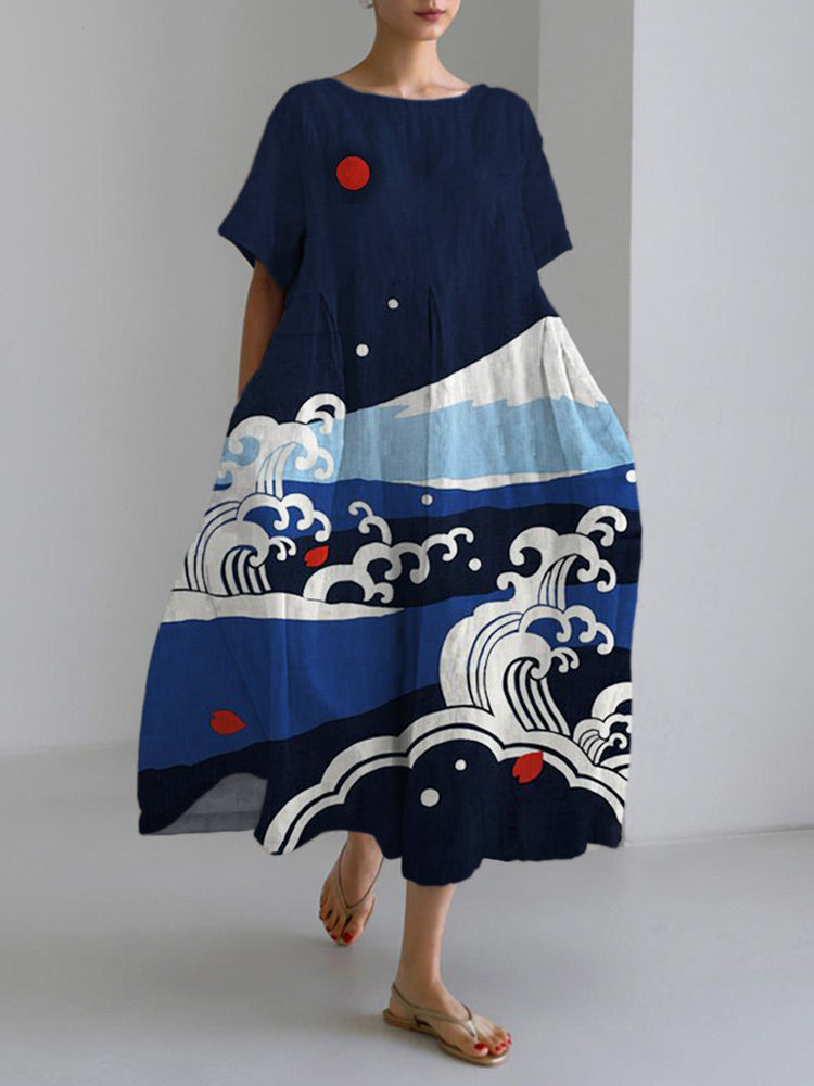 Japanese Art Print Linen Maxi Dress elevenforest