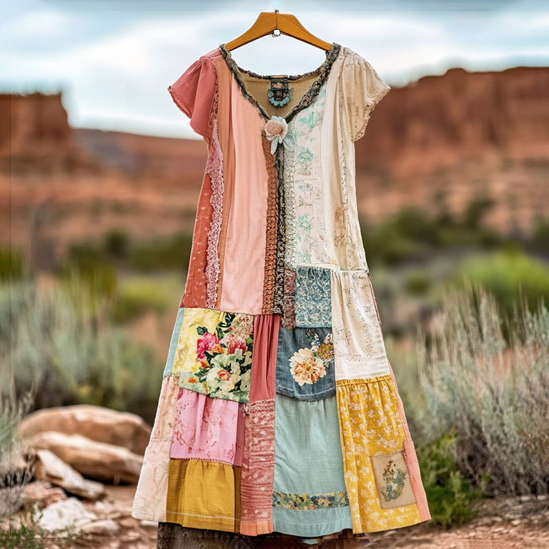 Women's Vintage Floral Patch Comfort Short Sleeve V Neck Dress elevenforest