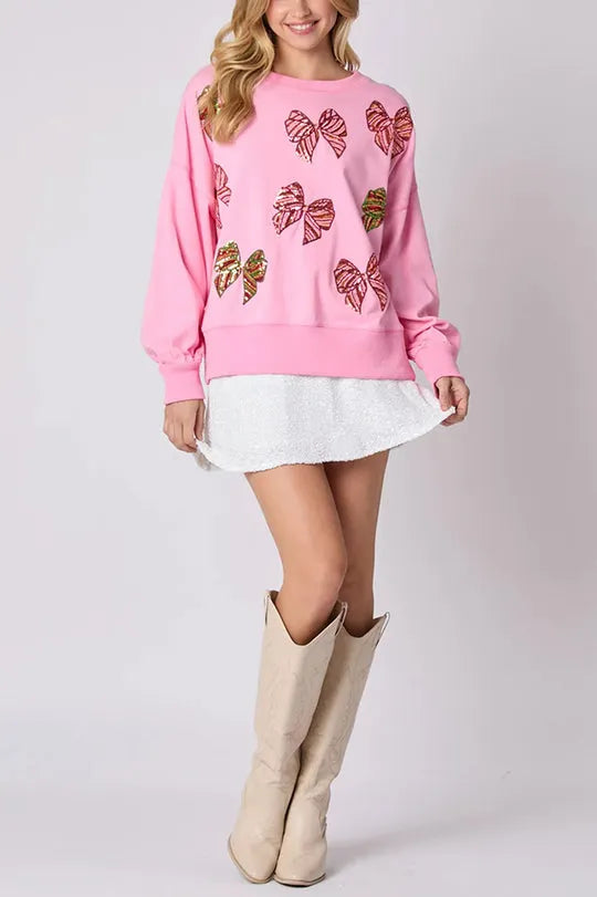 Christmas Bow Sequin Loose Long Sleeve Sweatshirt