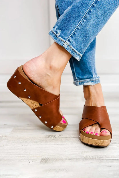 Studded Chestnut Wedge Slippers