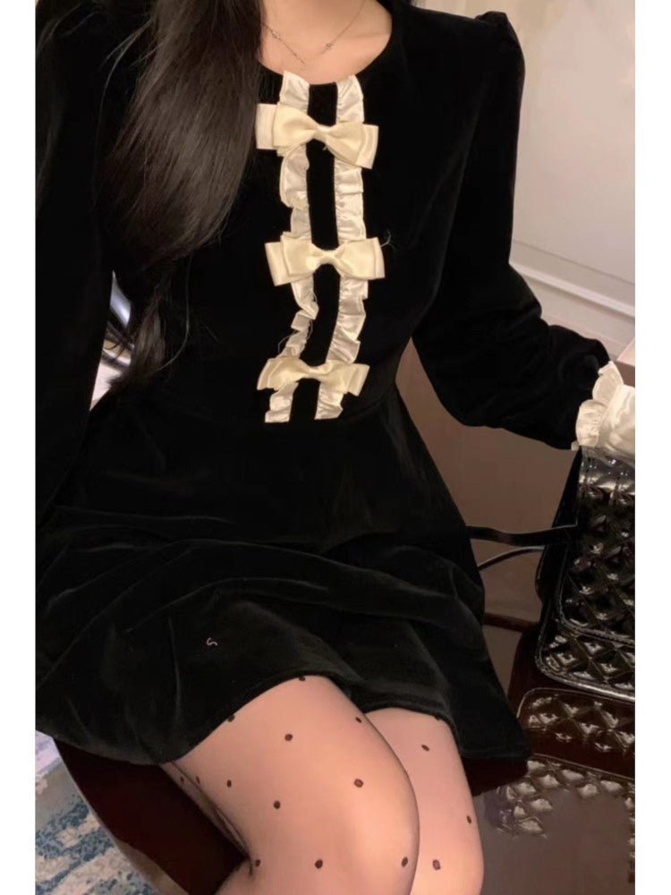 Patchwork Velet Mini Dress Bow Long Sleeves O-neck A-line Autumn French Evening Party Vestidos Mujer New