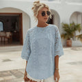 Women's Lace Embroidered Floral Linen Crew Neck T-shirt elevenforest