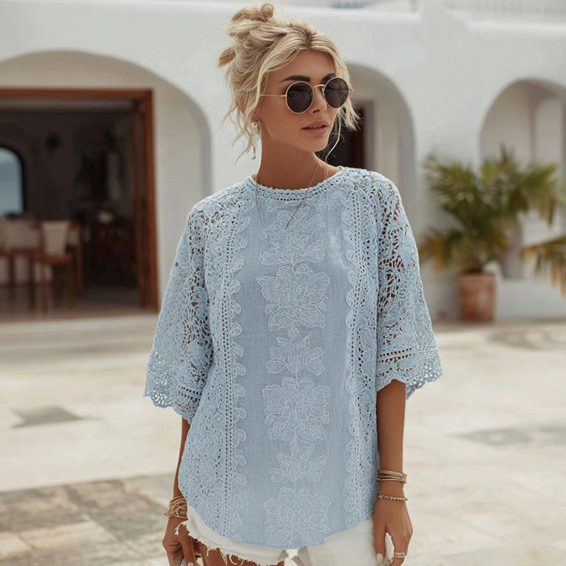 Women's Lace Embroidered Floral Linen Crew Neck T-shirt elevenforest