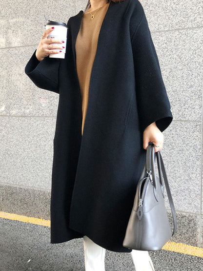 Long Sleeves Loose Color Collarless Woolen Coat
