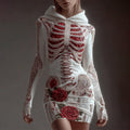 Comstylish Women's Skeleton Roses Bandages Sequins Art Cozy Knit Hooded Mini Sweater Dress
