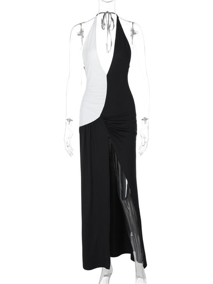 Tossy ’s Summer Halter Deep V Neck Maxi Dress Patchwork Sleeveless Ruffle High Split Evening Club Party Dress Femme