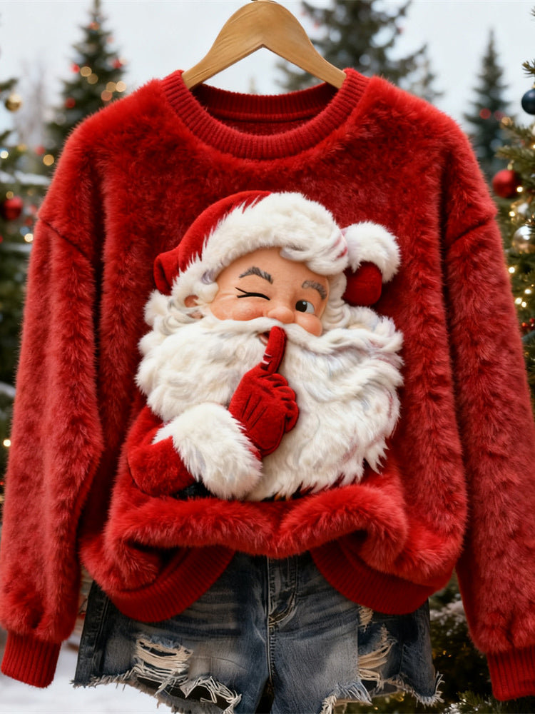 Comstylish Blinking Santa Claus Pattern Women's Soft Plush Sweater