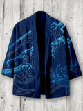 Ocean Waves & Turtle Japanese Sashiko Art Linen Blend Kimono Cardigan elevenforest