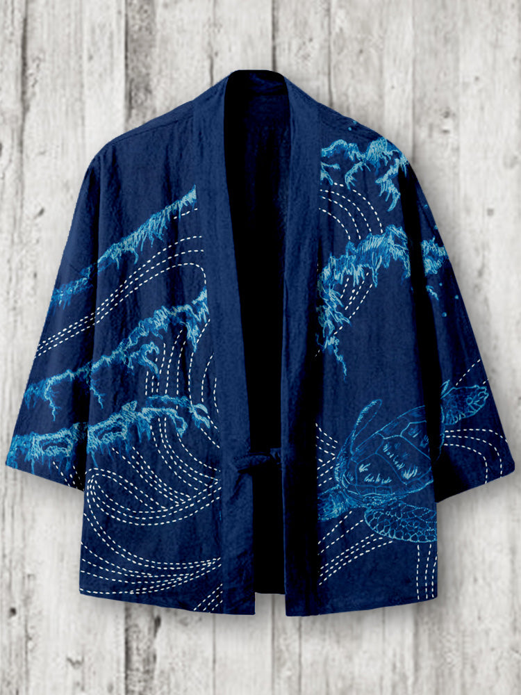 Ocean Waves & Turtle Japanese Sashiko Art Linen Blend Kimono Cardigan elevenforest