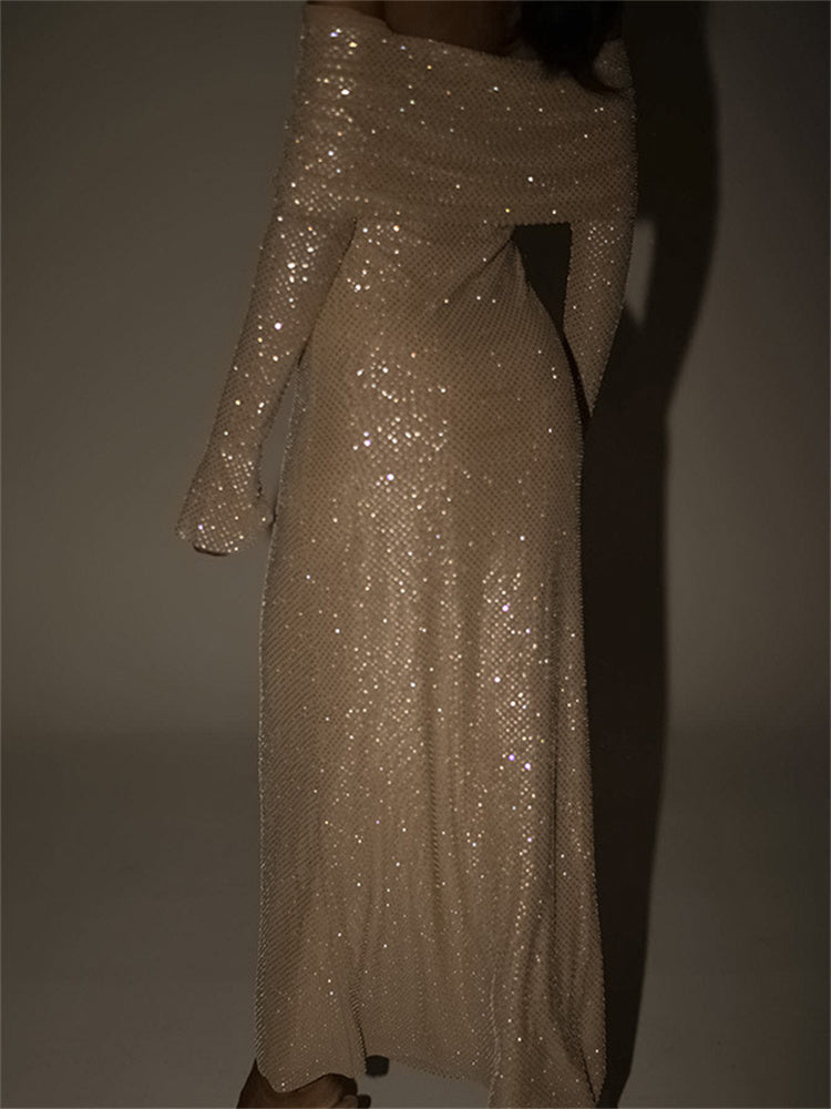 Tossy Sequin Maxi Dress Female Off-shoulder Pleated Slim Glitter Long Sleeve Backless Party Dress Gown