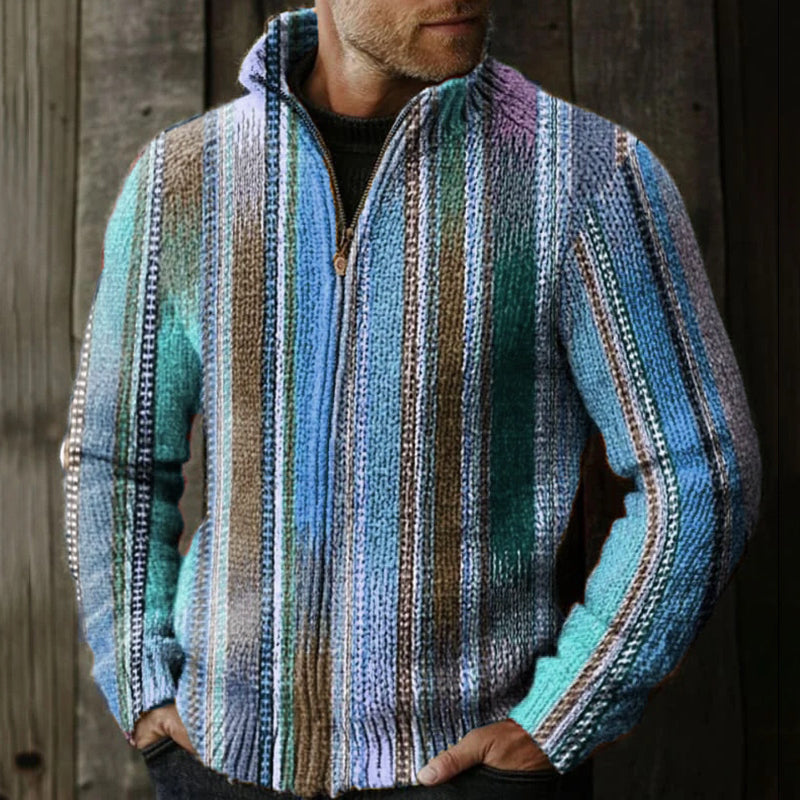 Men's Retro Colorful Striped Pattern Knitted Zip Sweater artswardrobe