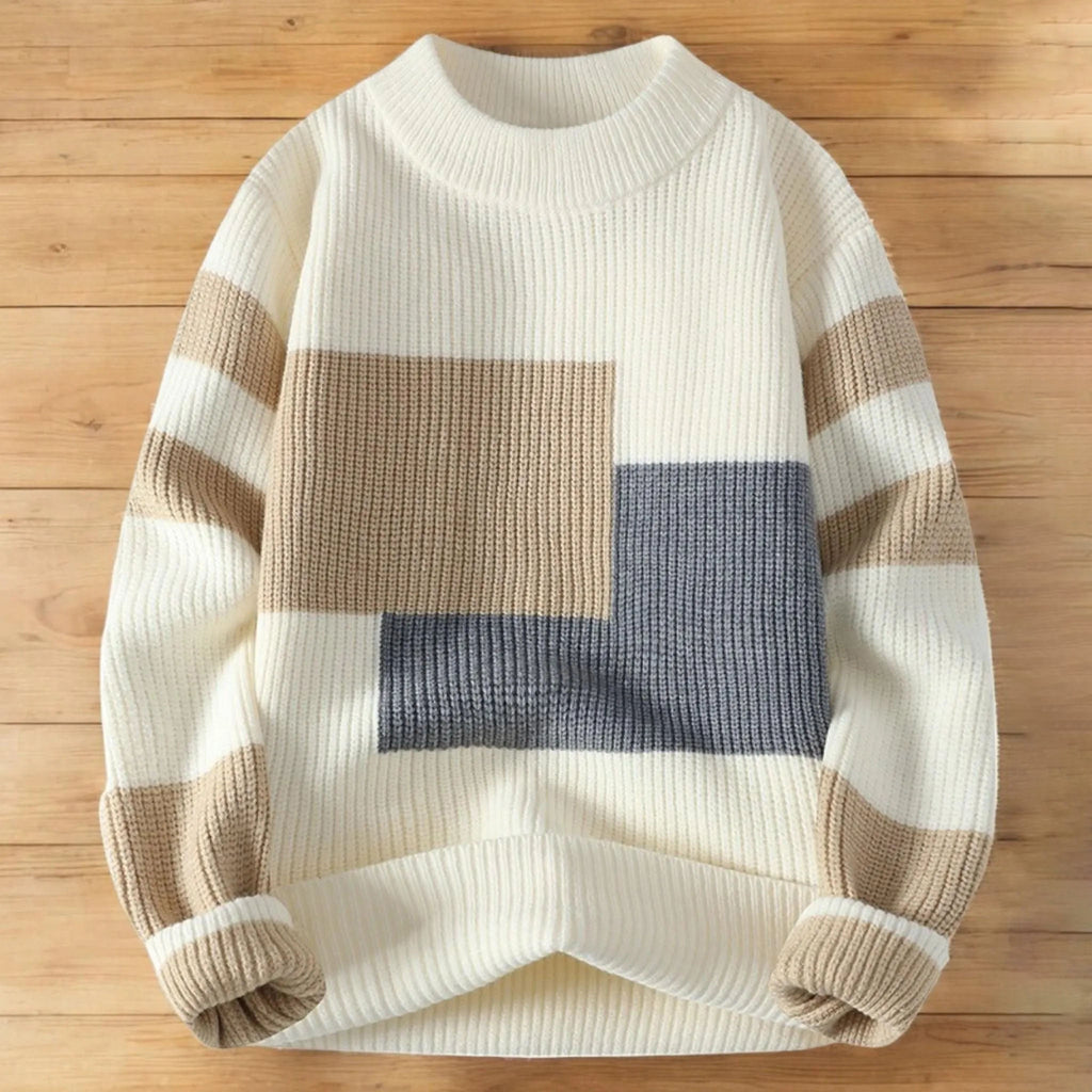 Vegan Men Mock Minimalist Knit Pullover Sustainable Patchwork Warmth Knitted Jacquard Unisex Sweater elevenforest